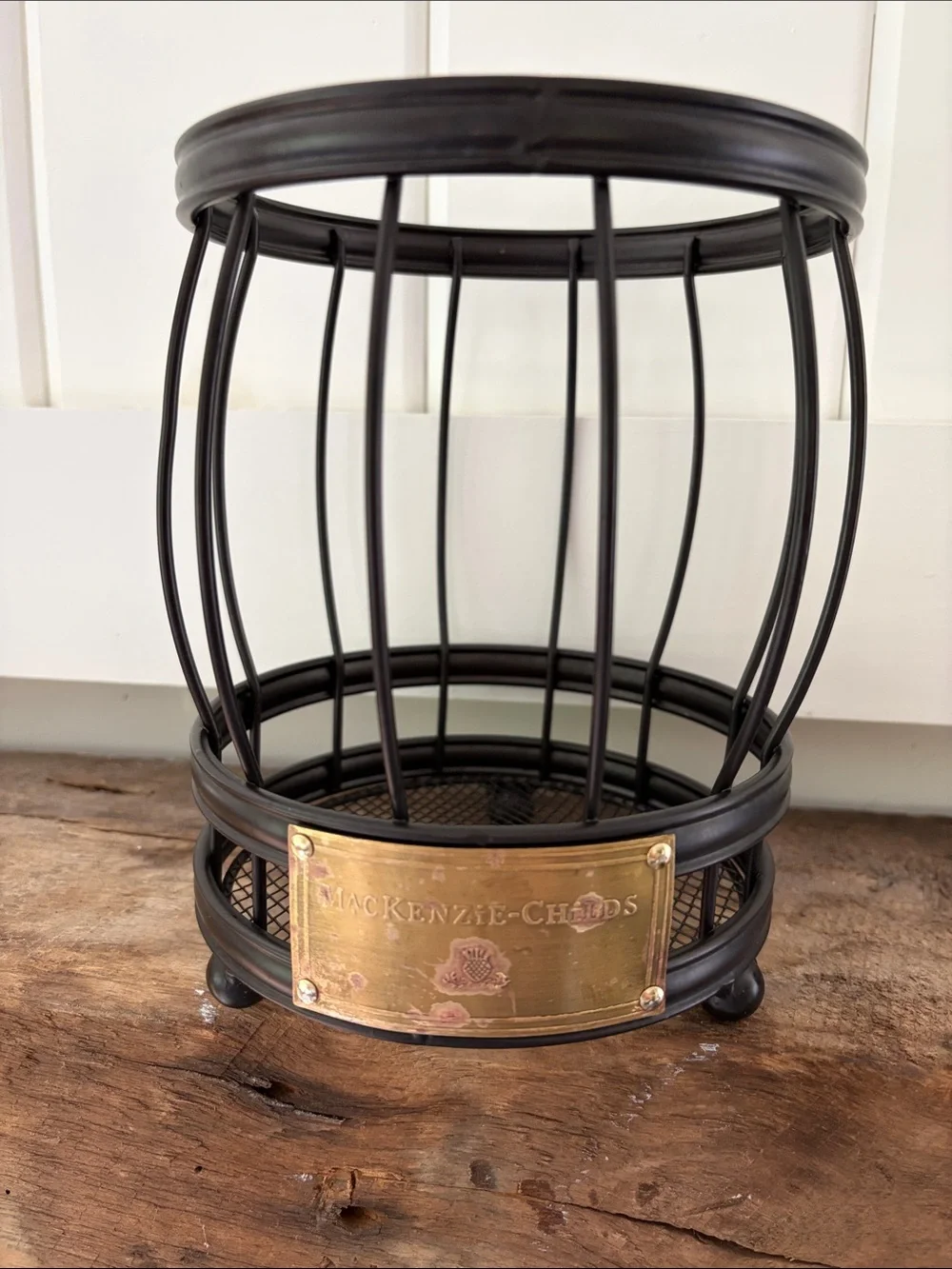 MacKenzie-Childs Black Metal utensil holder with Brass Plaque